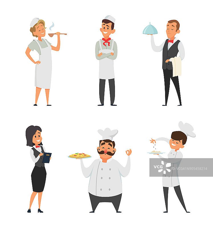 专业的餐厅员工。厨师，服务员和其他卡通人物图片素材