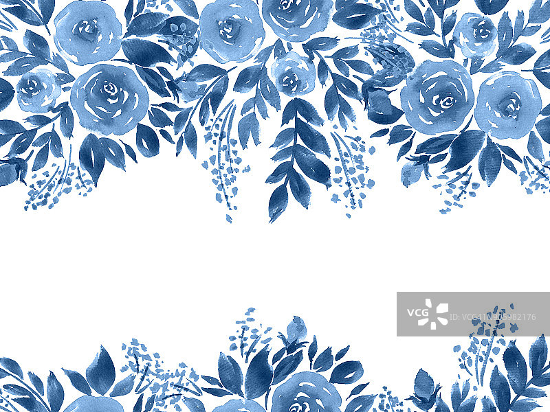 水彩玫瑰贺卡。手工绘制的花卉构成在靛蓝色图片素材