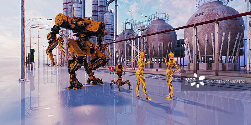 女机器人在未来的城市里说话图片素材