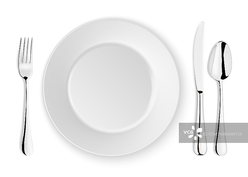 现实向量勺，叉，刀和盘子的特写孤立在白色的背景。设计模板或模拟。俯视图图片素材