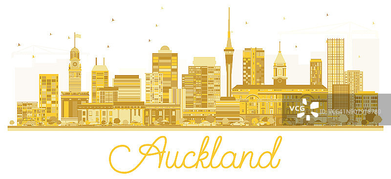 奥克兰新西兰城市天际线金色剪影。图片素材