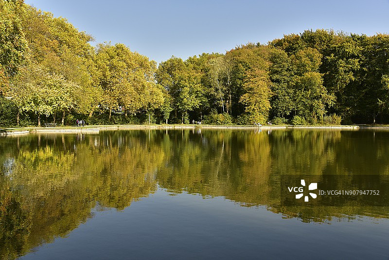 秋季林地对主池塘的完美镜面效果图片素材