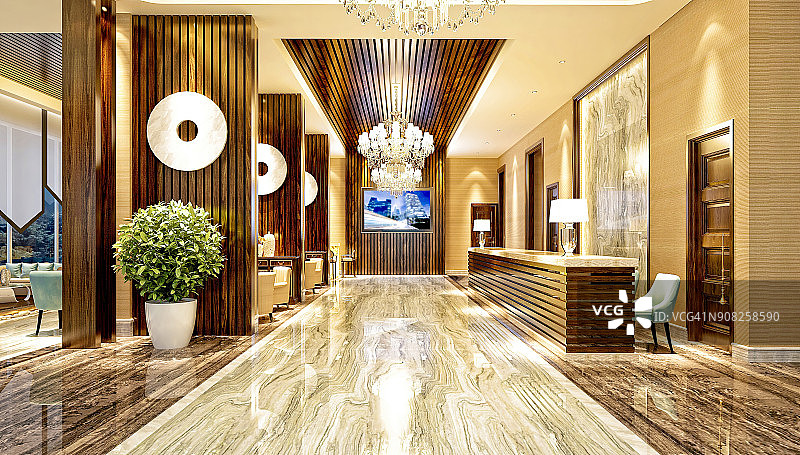 酒店入口和接待的3d渲染图片素材