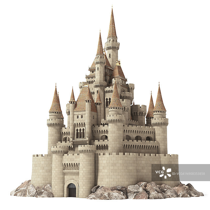 古老的童话城堡在山上孤立的白色。图片素材