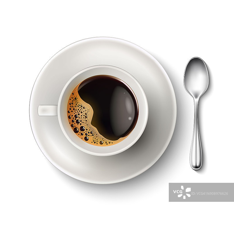 向量现实杯咖啡碟勺子顶部视图图片素材