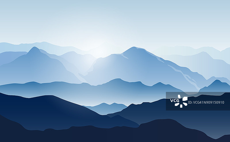向量景观与雾和寒冷的阳光蓝色山脉的剪影图片素材
