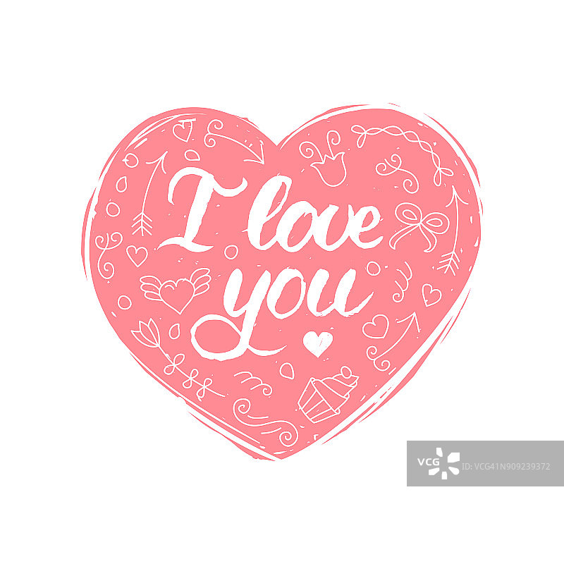 矢量手字母短语我爱你。2月14日书法上的心形背景。情人节的排版图片素材