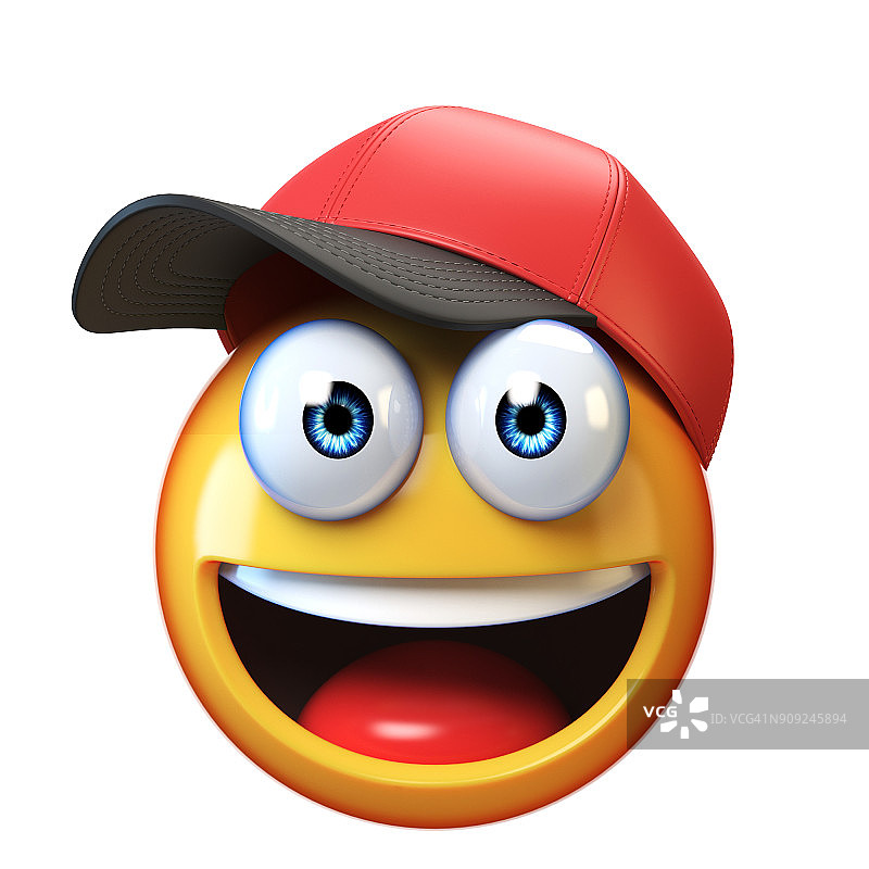 带着棒球帽的微笑表情孤立在白色背景上，表情与帽子3d渲染图片素材