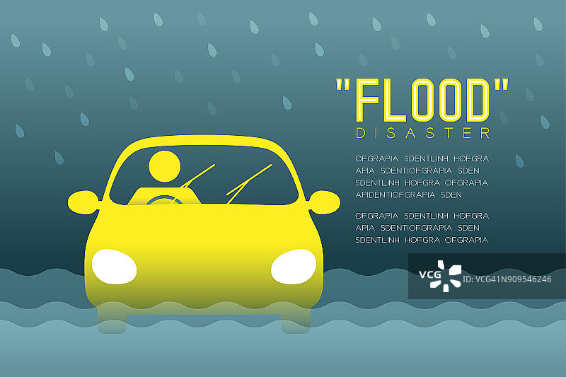 洪涝灾害的人图标象形图与汽车设计信息图插图孤立在暗梯度背景上，与洪涝灾害文字和复制空间图片素材