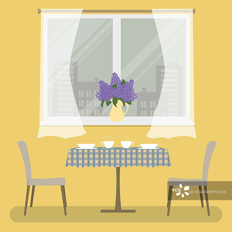 一张有方格桌布的桌子和两张米色的椅子放在窗户的背景上。黄色的房间图片素材