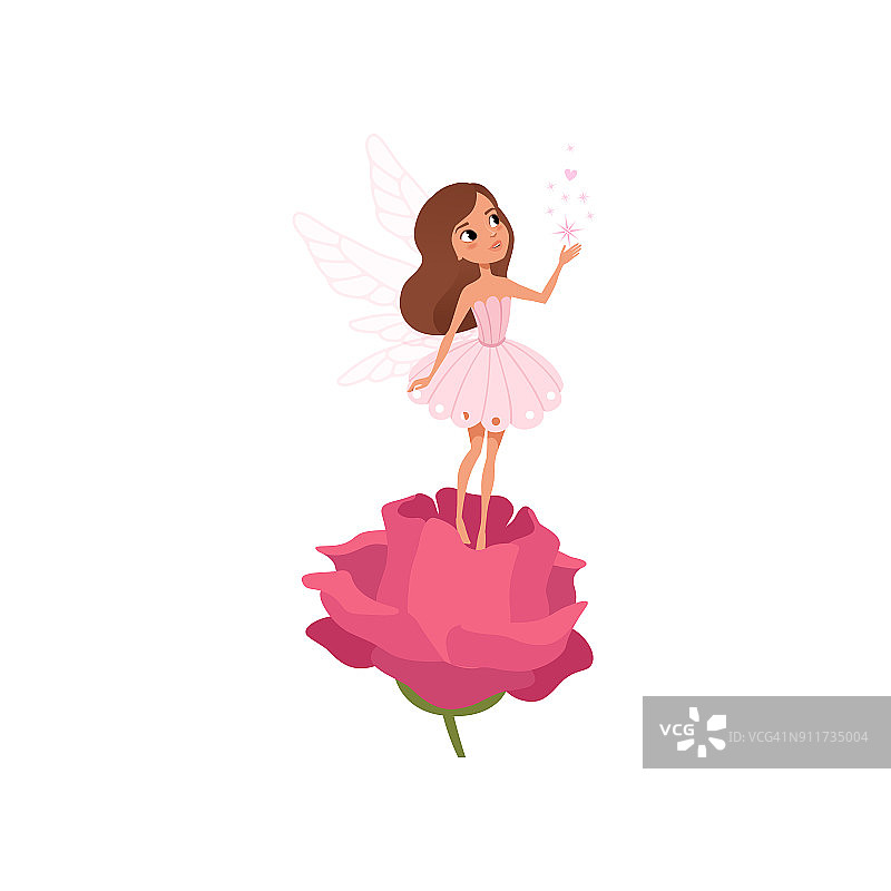 卡通仙女站在玫瑰上，洒下神奇的灰尘。棕色头发的小妖精穿着可爱的粉红色裙子。有翅膀的童话人物。平面向量的设计图片素材