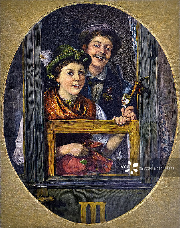火车车厢里一对幸福的巴伐利亚人- 1896年图片素材