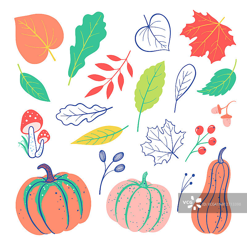 秋天的涂鸦元素包括南瓜、树叶、浆果、橡子和蘑菇。向量收获落下背景图片素材