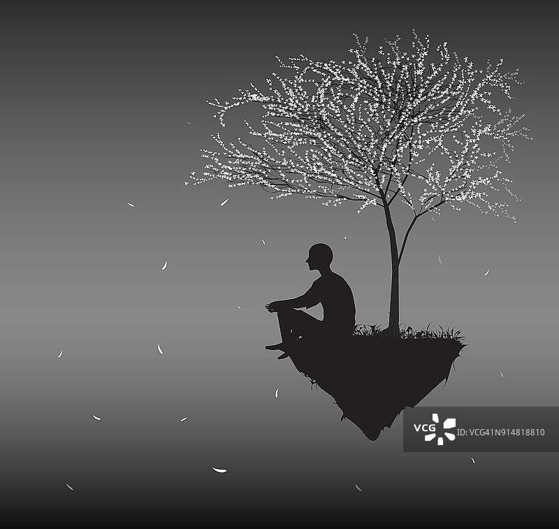 男人坐在飞石上，看着飘落的樱花白叶子，思考着人生的意义，梦境中人们的剪影，图片素材