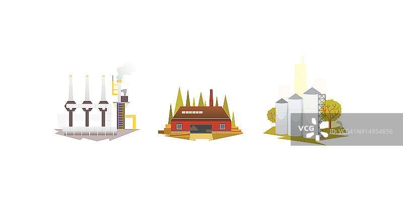 不同的工业厂房和工厂。工业城市建设集矢量插图图片素材