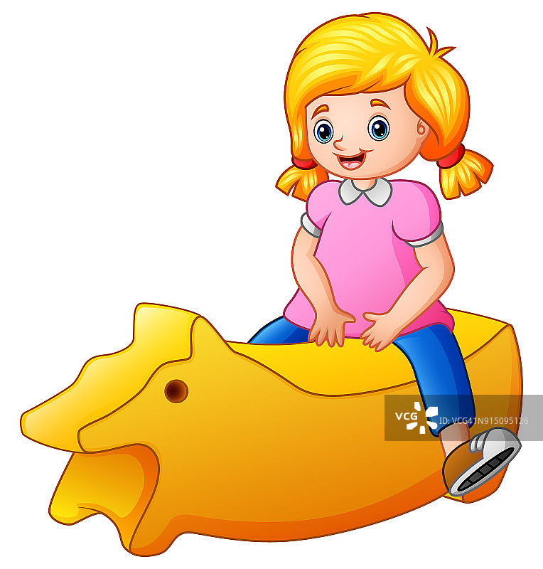 小女孩骑着一个黄色的玩具孤立在白色的背景图片素材