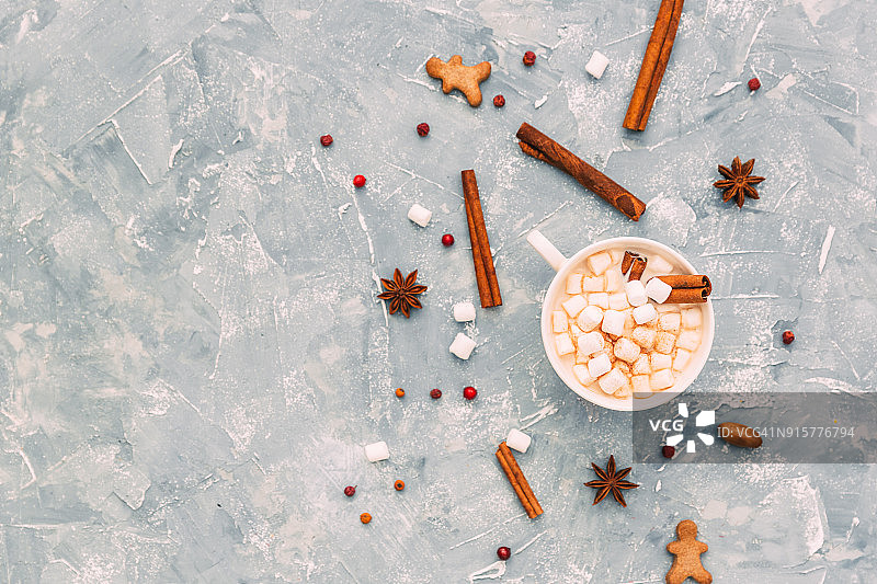 热巧克力配棉花糖，姜饼人和圣诞香料图片素材