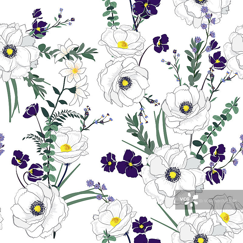 花型无缝图案，盛开白花，植物图案错落有致。无缝矢量纹理。时尚印花的优雅模板。以手绘方式印刷图片素材