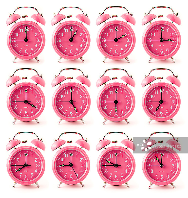 12个不同时间的粉色闹钟图片素材
