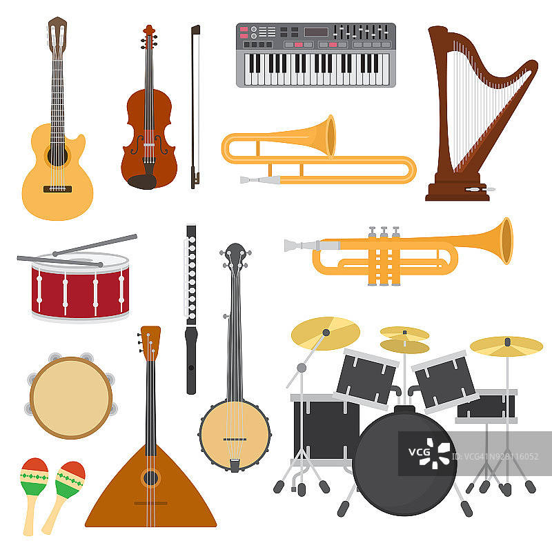 乐器矢量音乐音乐会与原声吉他或三弦琴和音乐家小提琴或竖琴插图设置管乐器小号和长笛孤立的白色背景图片素材