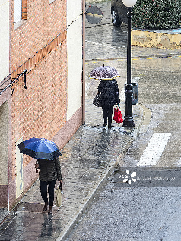 高角度视图的两个人与伞走在雨中的街道。瓦伦西亚,西班牙图片素材