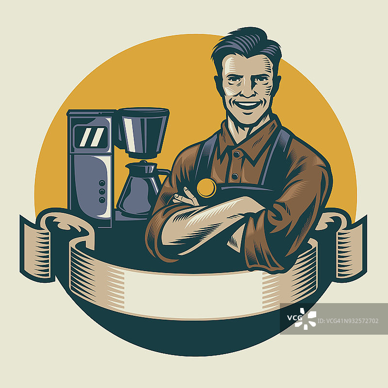复古设计的咖啡师摆姿势与浓缩咖啡机的背景图片素材