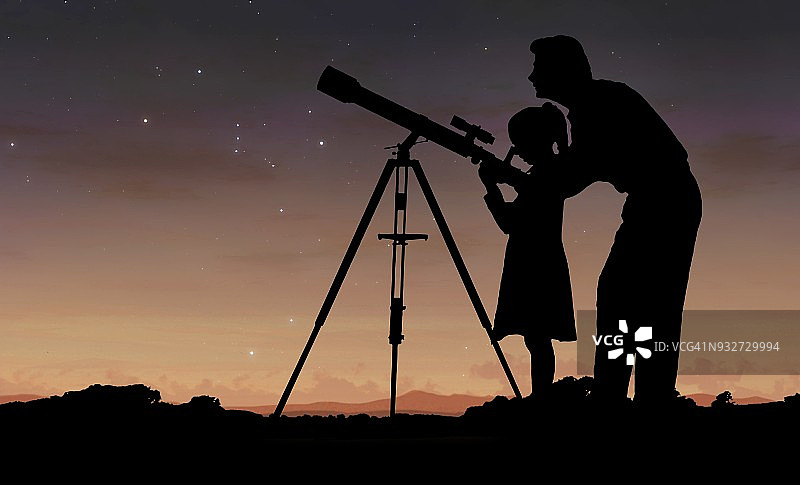 男人和女孩使用望远镜，插图图片素材