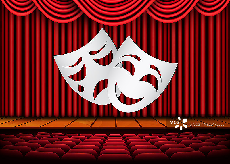 快乐和悲伤的剧场面具，红窗帘的剧场场景。股票矢量图图片素材