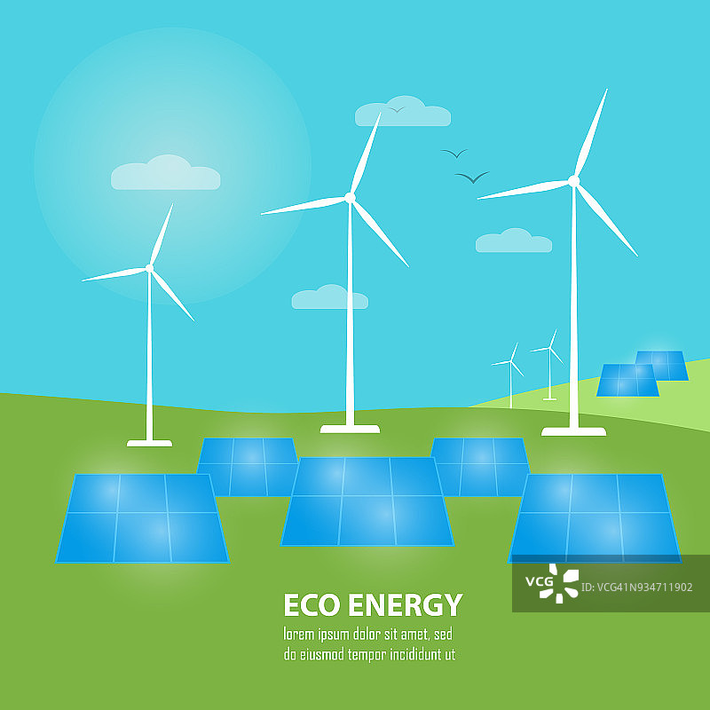 生态能源旗帜。太阳能和风力发电图片素材