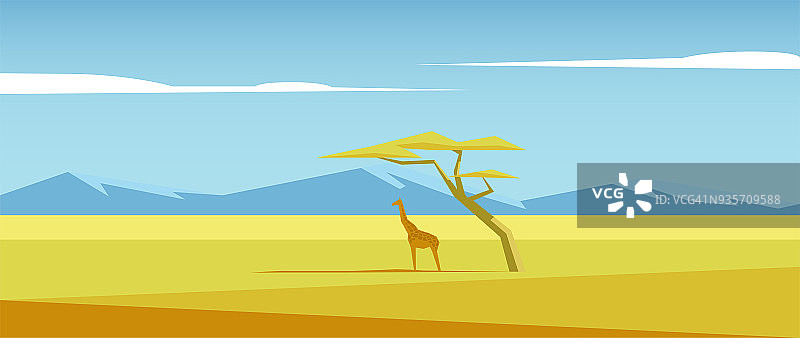 非洲矢量景观与长颈鹿站在大草原和山脉中间的槐树下的距离。热带草原插画中的相思和长颈鹿。非洲的自然图片素材