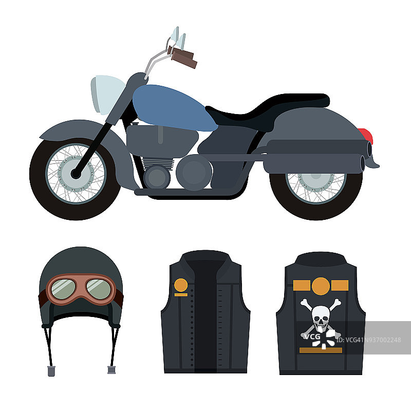 经典的蓝色摩托车与夹克和头盔的象征头骨和骨头在白色的背景图片素材