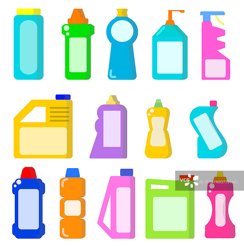 清洁家居用品。化学清洁剂瓶。卫生容器向量集图片素材