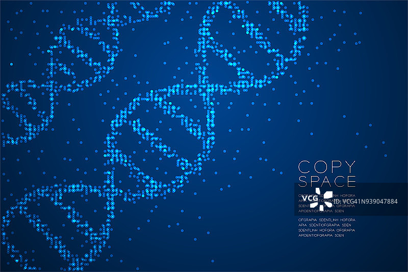 抽象几何圆点图案DNA形状，科学概念设计蓝色插图孤立在蓝色梯度背景与复制空间，矢量eps 10图片素材
