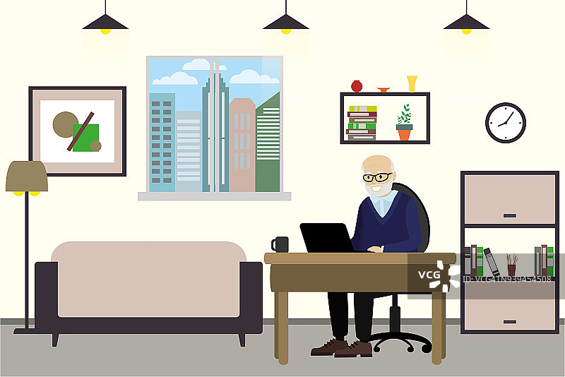 卡通老人用笔记本电脑，在家工作，室内设计机智图片素材