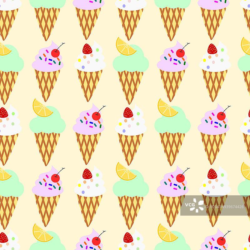 冰淇淋蛋筒的无缝模式向量。粉彩冰淇淋平面插图。香甜可口的甜点。图片素材