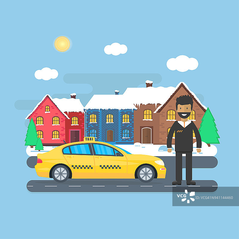 机器黄色出租车与司机在城市。公共出租车服务图片素材