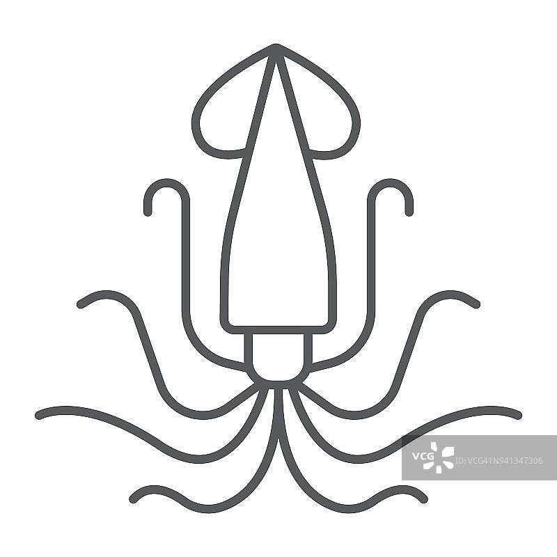鱿鱼细线图标，动物和水下，水生符号矢量图形，白色背景上的线性图案，eps 10。图片素材
