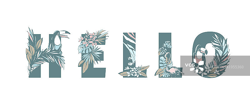 热带花卉图案手绘Hello棕榈叶，花，鸟。图片素材