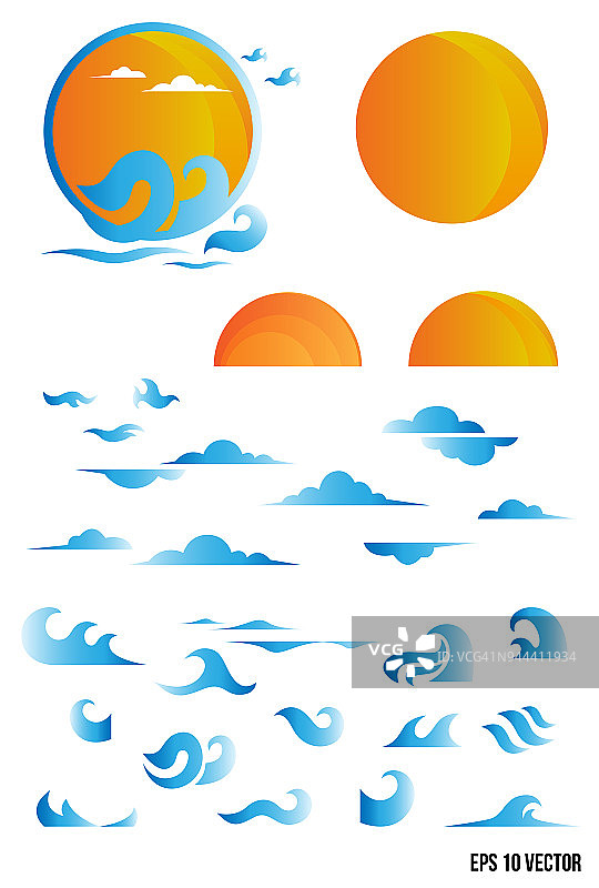 水波符号和图标标志模板矢量，太阳和波标志图片素材