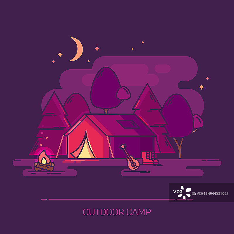 晚上用帐篷和篝火宿营图片素材