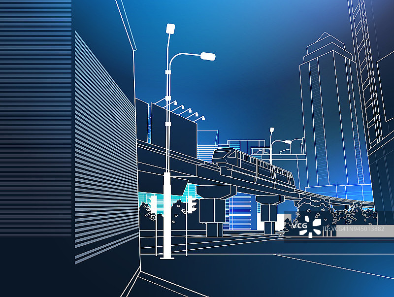 现代城市城市景观铁路桥上的蓝色背景细线图片素材