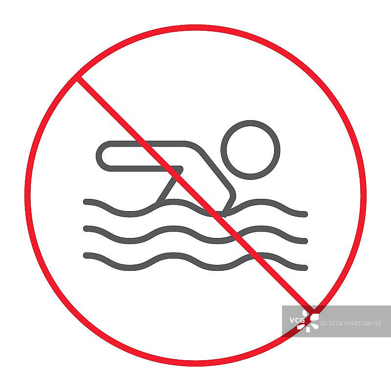 无游泳细线图标，禁止和禁止，无游泳标志矢量图形，白色背景上的线性图案，eps 10。图片素材