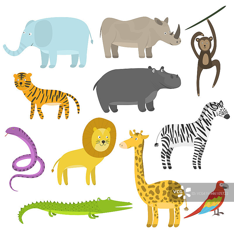 可爱的卡通扁热带和丛林动物设置图片素材