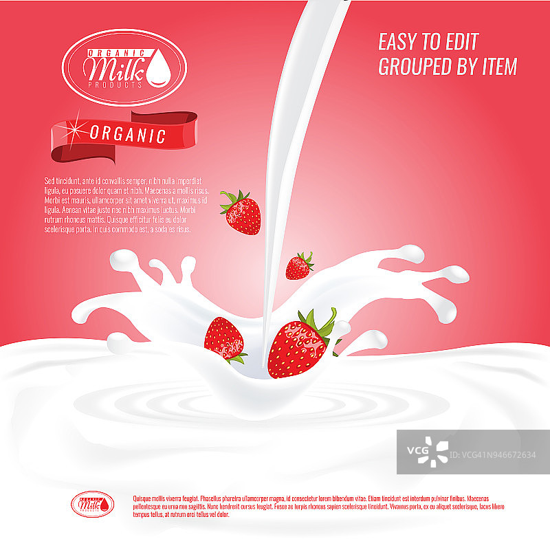 现实的矢量玻璃倒牛奶溅草莓。空牛奶广告或横幅模板为您的设计。图片素材