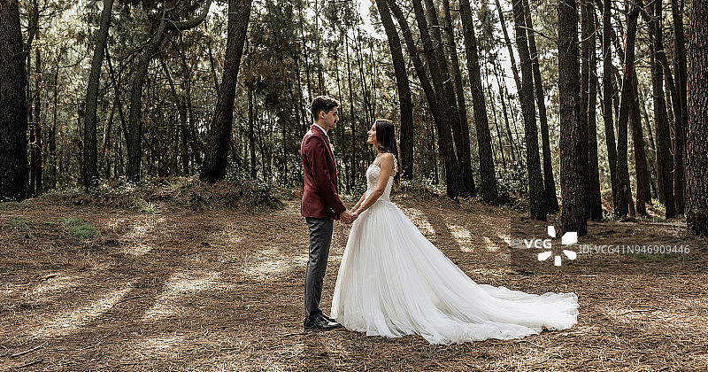 新郎和新娘手牵着手站在森林里图片素材