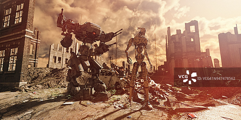 后果:军事机器人士兵和械甲怪在世界末日后考虑在被战争蹂躏的城市的破坏图片素材