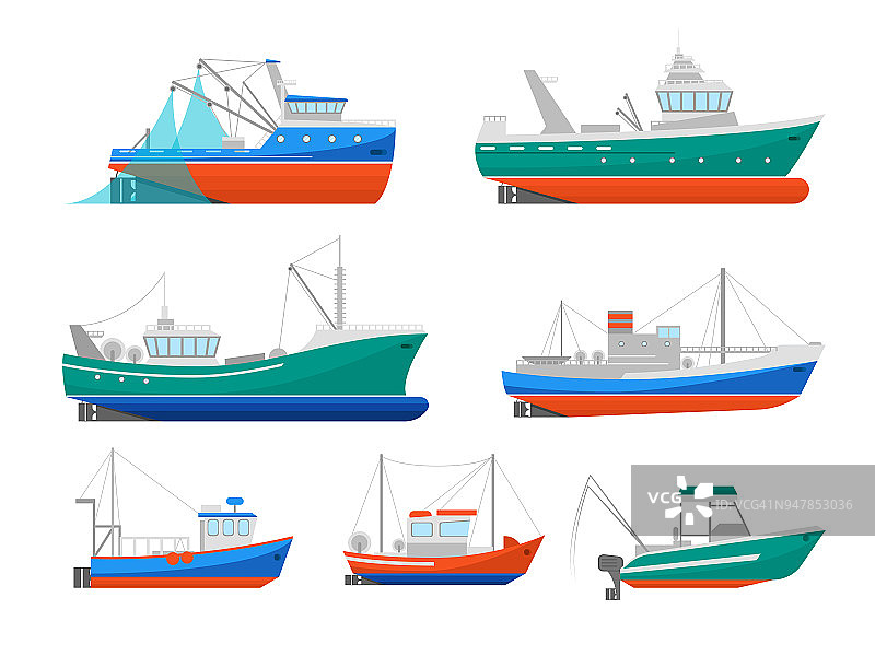 卡通渔船图标集。向量图片素材