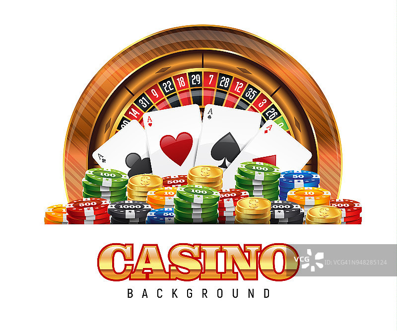赌场轮盘赌轮，打牌和赌博筹码在白色的背景图片素材