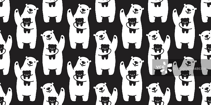 熊无缝图案北极熊熊猫矢量泰迪孤立的背景墙纸重复卡通黑色图片素材