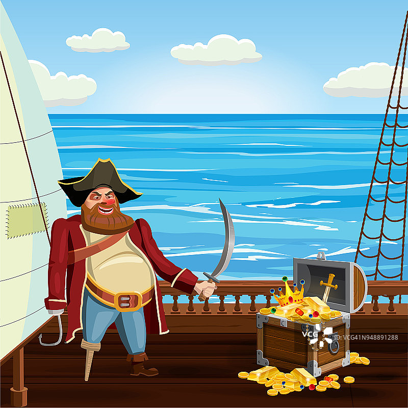 老海盗与一条腿和钩和军刀，守卫宝箱在船甲板上，矢量，孤立，卡通风格图片素材